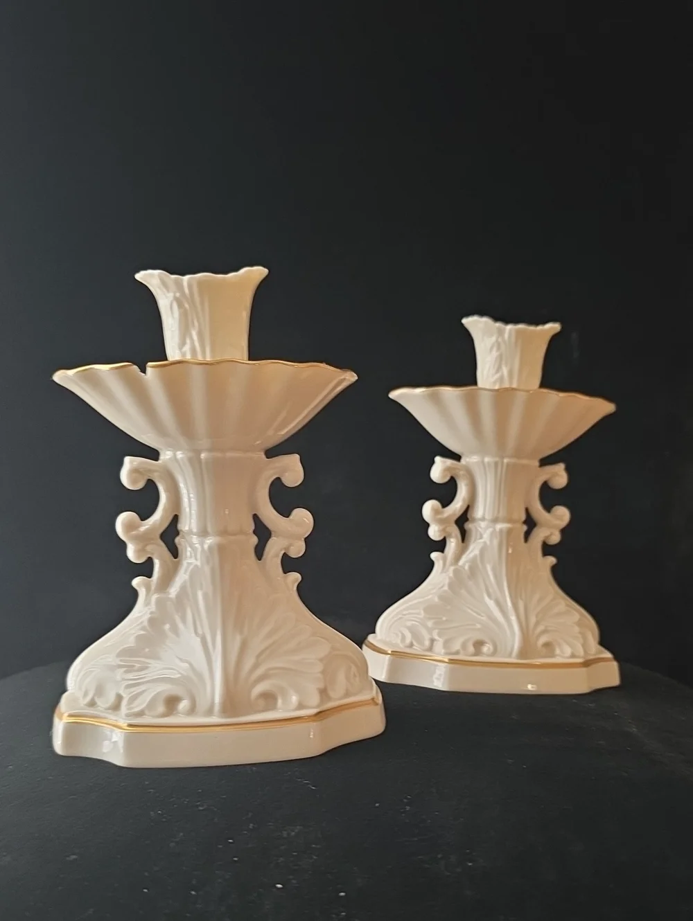 Lenox Cream Porcelain Candlestick Pair with Gold Accent